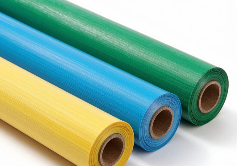 Rolls of glossy vinyl material in bright orange and gray tones arranged neatly.