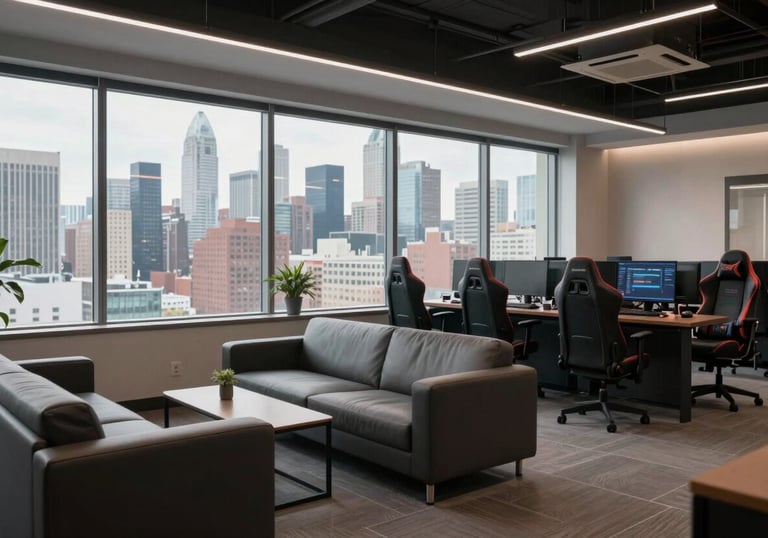A clean, modern open-concept lounge area in a North American gaming company, featuring sleek furniture and large windows overlooking a city skyline.