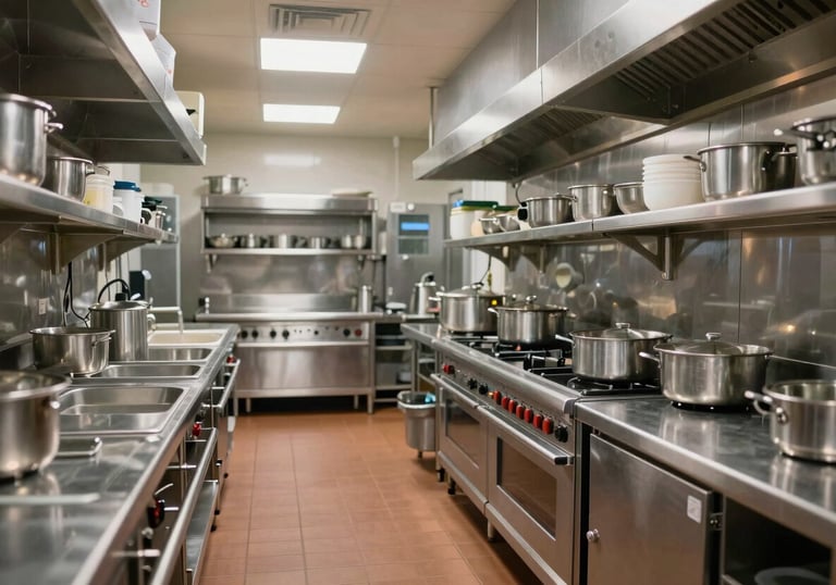 Interior view of a sterile and highly organized large-scale hotel kitchen in Prague. Stainless steel surfaces reflect soft overhead lights, conveying cleanliness and professional corporate standards.