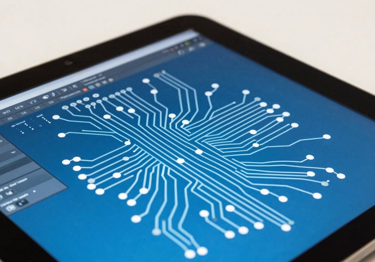 A close-up of a tablet screen showing an intricate electrical circuit design software, bright sky blue interface, set against a clean off-white background.