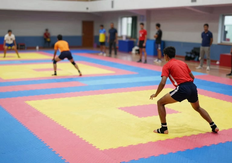 A wide shot of a training session where young athletes are practicing Kabaddi techniques on professional mats. The environment is vibrant and dynamic.