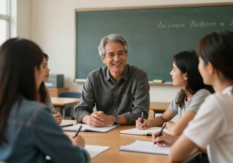 A professor in a North American classroom setting engaged in a friendly discussion with a small group of students. The lighting is warm and natural, emphasizing a community-focused learning environment.
