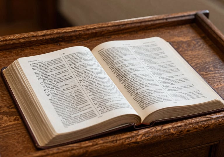 A macro shot of an open Bible resting on a wooden lectern in a sunlit chapel. The paper is delicate and the text is sharp, symbolizing tradition and theological study in a North American setting.