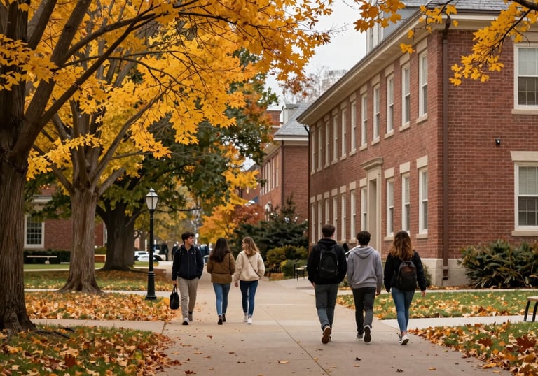 An outdoor shot of a campus path in a North American college setting during autumn. Golden leaves frame a view of students walking between traditional brick buildings.
