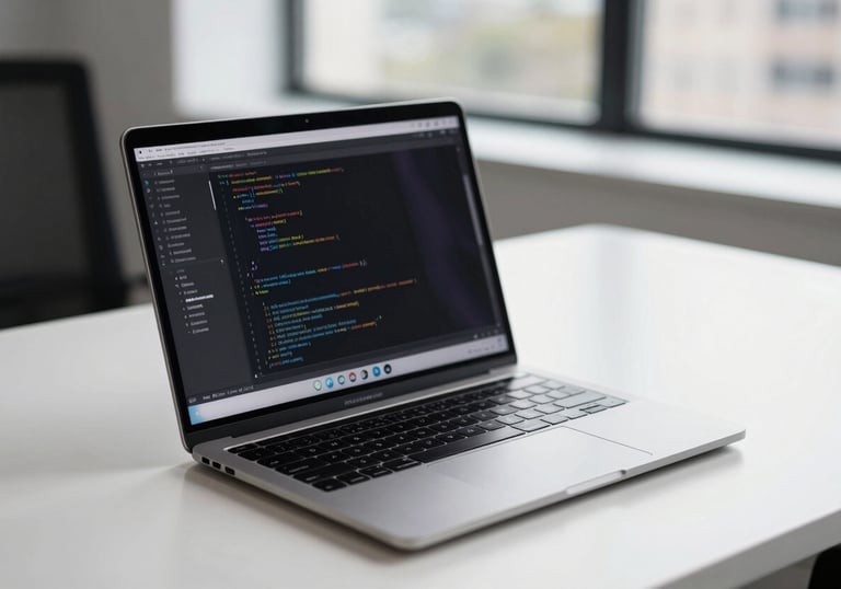 A high-quality photography shot of a sleek, modern laptop on a white desk in a minimalist North American office. The screen shows professional code editing software, with blurred city views in the background.