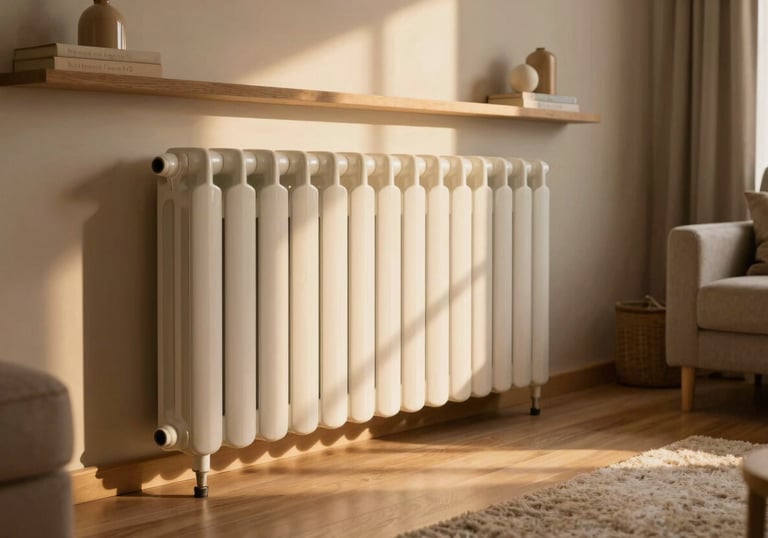 A warm and cozy Spanish living room with a modern, clean radiator, soft golden hour light filtering through windows, conveying comfort and warmth.