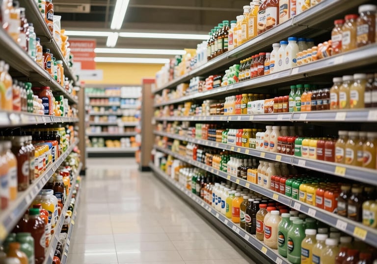A bright, clean grocery store aisle with premium products and fresh items in a high-end North American / US retail location.