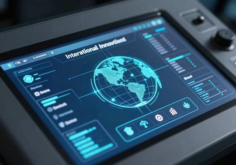 A close-up of a digital interface on a high-tech console, with cool blue-grey and cyan tones. The image is sharp and modern, reflecting an International / Global innovation hub.