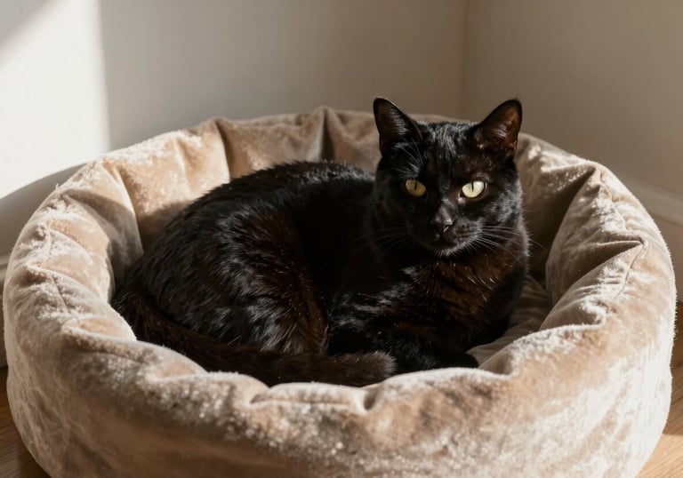 A peaceful photograph of a sleek black cat curled up on a premium beige velvet cat bed in a sunlit corner of a room.