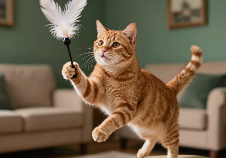 A close-up action photo of a ginger cat jumping to catch a feather wand toy, captured with a fast shutter speed. The background is a soft-focus Latin American living room in beige and forest green tones.