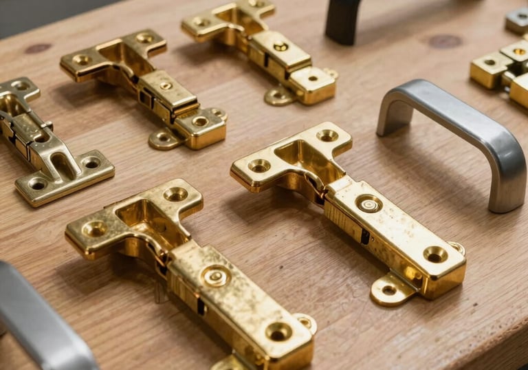 A high-quality selection of brass door hinges and modern handles laid out on a clean wooden workbench, professional lighting, industrial style.