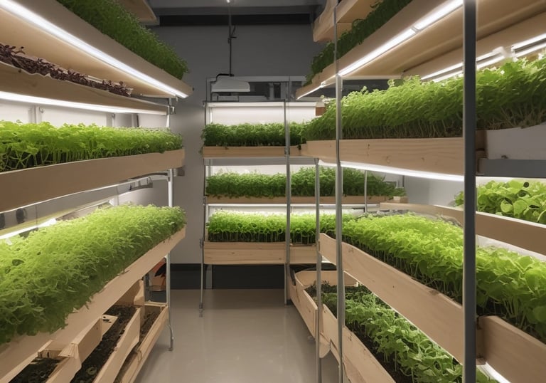 A chef carefully garnishing a dish with bright green broccoli microgreens in a professional kitchen.