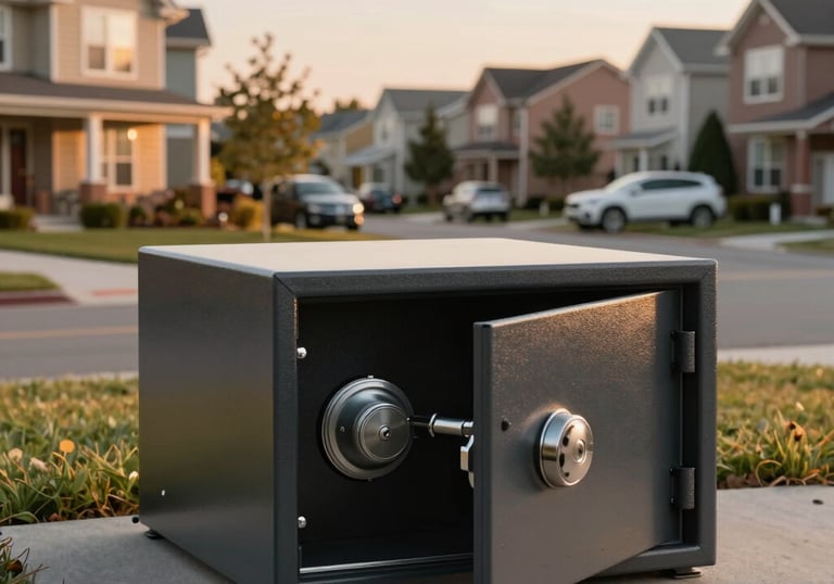 A wide photography shot of a safe, clean North American residential neighborhood during golden hour, evoking a sense of long-term stability and wealth.