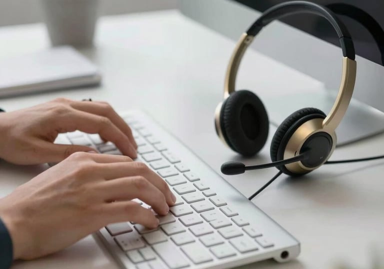 Close-up of hands typing on a modern keyboard next to a professional headset in a clean, organized workstation within a Brazilian business district office. Steel grey and gold details.