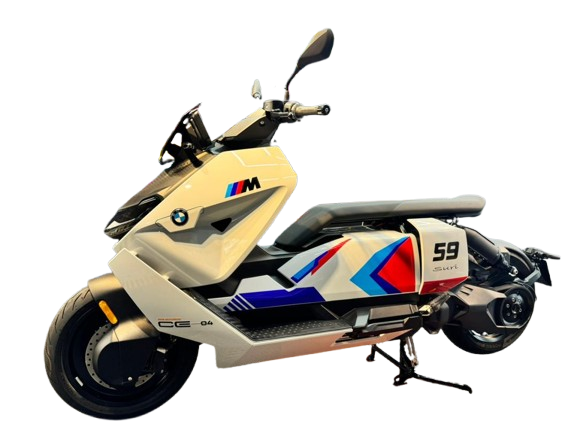 BMW CE 04 scooter wrapped in cream with M-Sport tricolor graphics