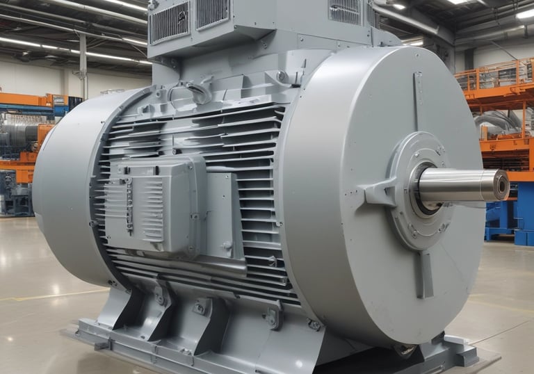 Close-up of a high-voltage electric motor with industrial background.