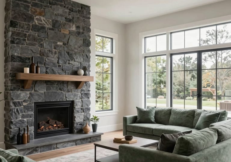 Professional photography of a spacious modern North American living room with charcoal stone fireplace, sage green accents, and large windows.