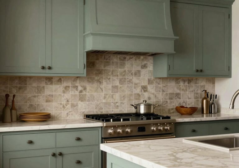 Professional photography of a high-end North American kitchen with custom sage green cabinets, cream marble counters, and refined taupe tile backsplash.