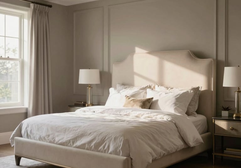 Professional photography of a luxurious North American master bedroom with taupe walls, a cream upholstered headboard, and soft morning light.