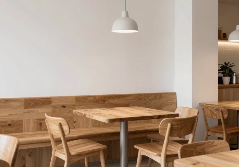 Vista interior de un restaurante minimalista con mobiliario de madera clara y paredes en blanco mate, creando una atmósfera acogedora.