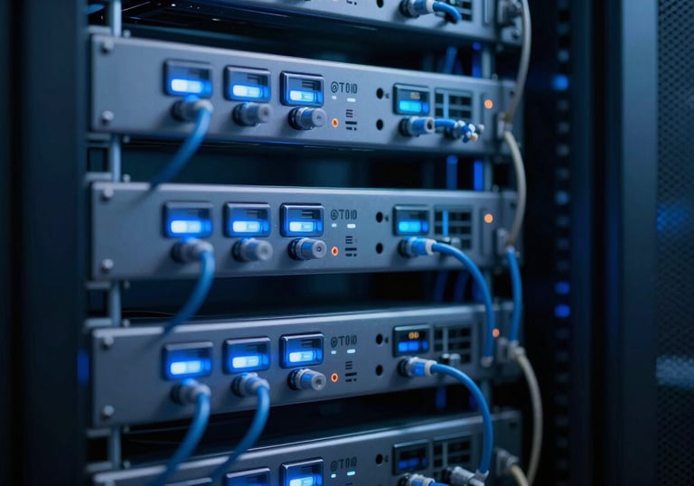 A sophisticated server room or home automation rack with perfectly managed wires, glowing with a technical blue light (#2C6B79).