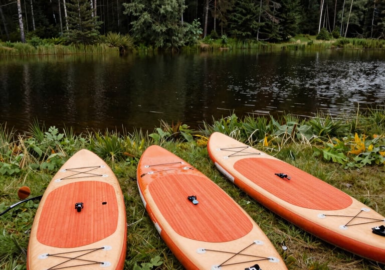 Close-up of a paddle board with paddle and life jacket neatly arranged on the sandy beach.