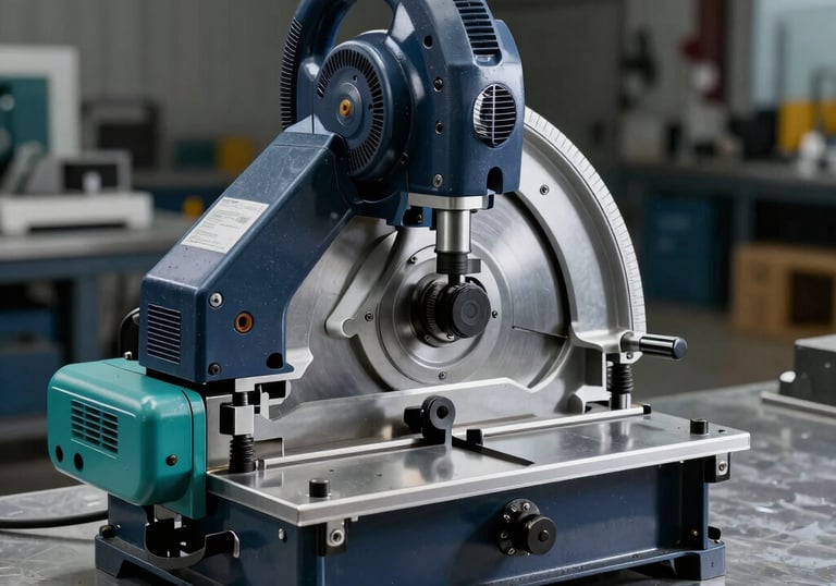 High-quality industrial photography of heavy-duty power saws and measuring equipment on a clean steel surface, professional studio lighting, dark navy and teal accents.