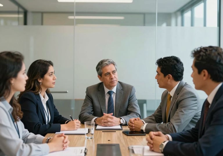 A group of professional South American / Brazilian colleagues having a discussion in a bright, modern glass-walled meeting room. Authentic corporate atmosphere with gold and light blue accents.