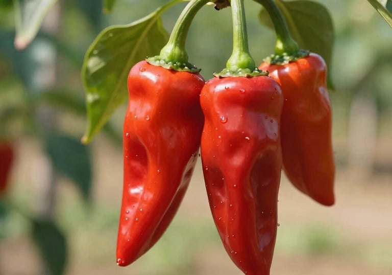 Vibrant macro photography of ripening red hot peppers on a healthy branch, set in a bright and sunny North American garden setting with a clean, natural bokeh background.
