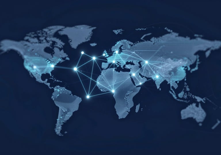 An abstract visualization of interconnected energy nodes extending into a global network, symbolizing scalability, using #0F1B2B navy and #EBF3F8 highlights.