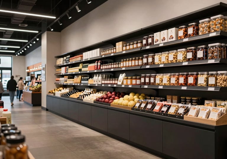 A beautifully lit wide shot of a modern food market interior in North America, with clean architectural lines and artisanal products displayed on dark shelves.