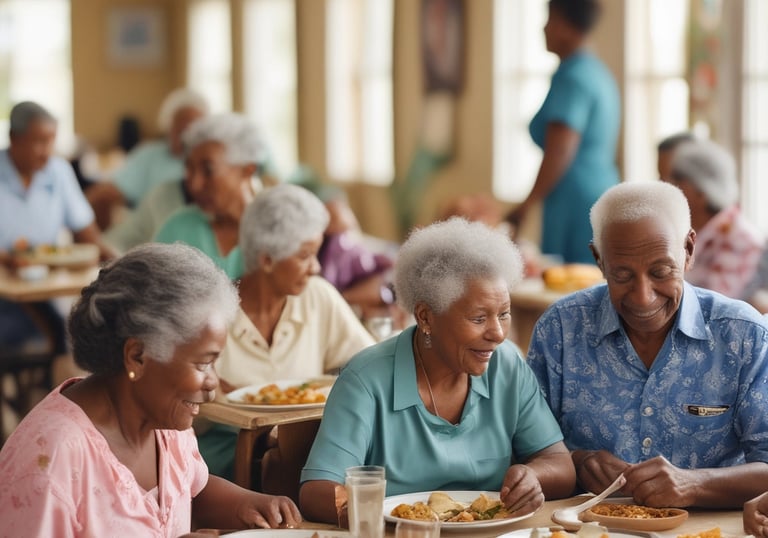 A peaceful outdoor garden with tropical plants where seniors relax on benches.