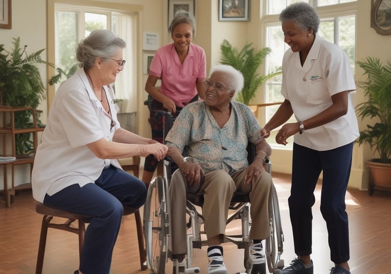 A warm nurse gently assisting an elderly man in a sunlit room with Caribbean decor.