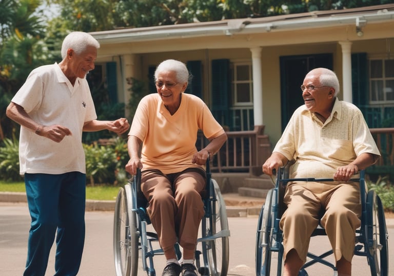 Residents enjoying a lively group exercise session in a bright, airy room.