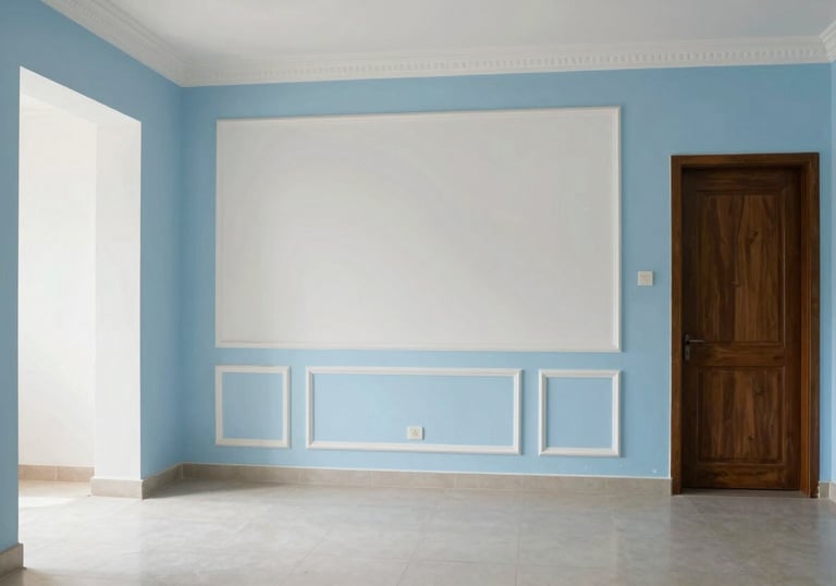 An interior shot of a beautifully maintained, clean Indian home interior with light blue and white decor, showing efficient property upkeep.