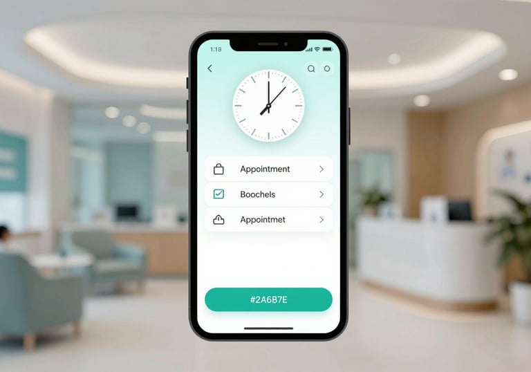 A digital clock on a smartphone screen showing an immediate appointment booking confirmation, set against a blurred background of a modern medical clinic lobby. Highlighting brand color #2A6B7E.