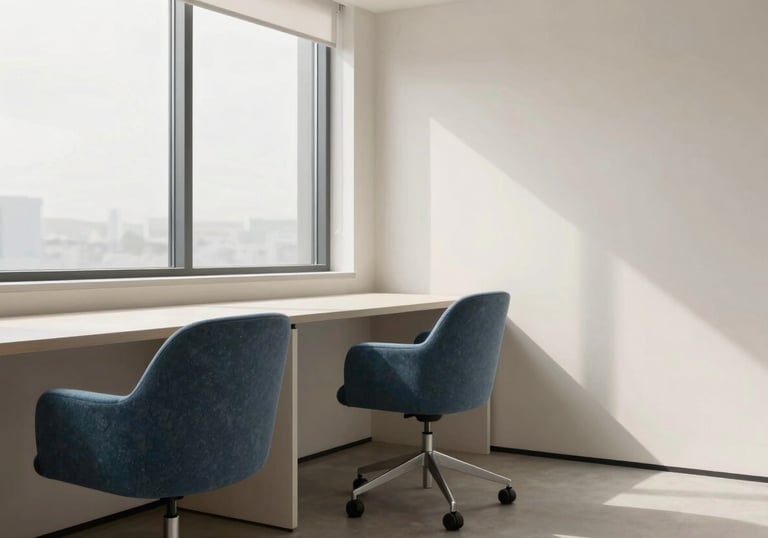 Modern minimalist office interior with slate blue chairs, a large window, and clean soft off-white surfaces. Natural lighting.