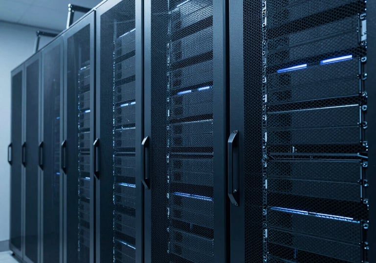 Clean and professional high-tech server room environment with cool blue lighting, representing secure cloud infrastructure and digital reliability.