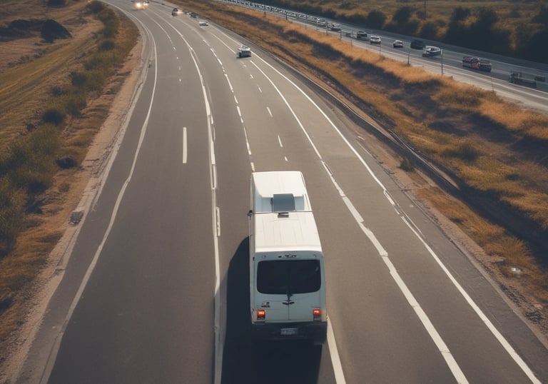 A moving truck loaded with furniture driving through a scenic Galician street.