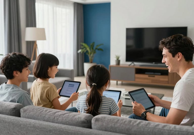 A family in a modern Global living room laughing together while using tablets and a smart TV, bright airy lighting, Steel Blue decor accents.