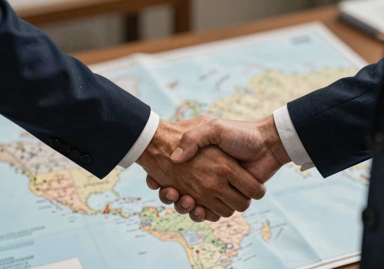 A close-up photography shot of two people shaking hands over a map, symbolizing strategic missions and partnership. The lighting is warm yet professional, incorporating dark navy and soft blue-grey tones.