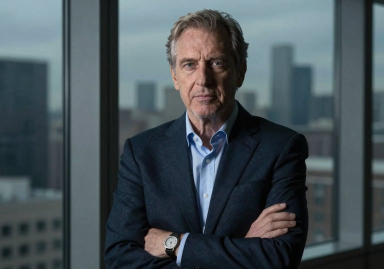 A professional portrait of a visionary leader standing confidently in front of a window overlooking a cityscape. The lighting is dramatic with deep slate shadows and soft blue-grey highlights on the subject's face, conveying wisdom and divine authority.