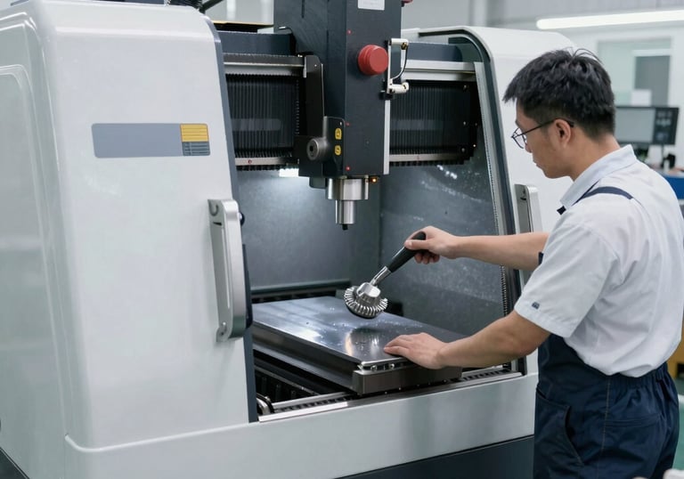 A surface grinding machine in operation, creating a mirror-like finish on a flat steel plate. Clean, industrial aesthetic with #F5F7F9 highlights.