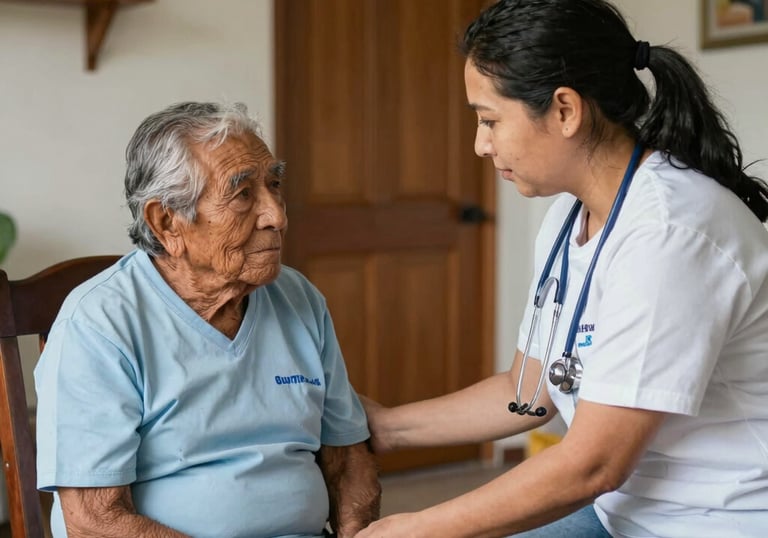 A friendly interpreter assisting a migrant during a medical appointment, fostering understanding and trust.