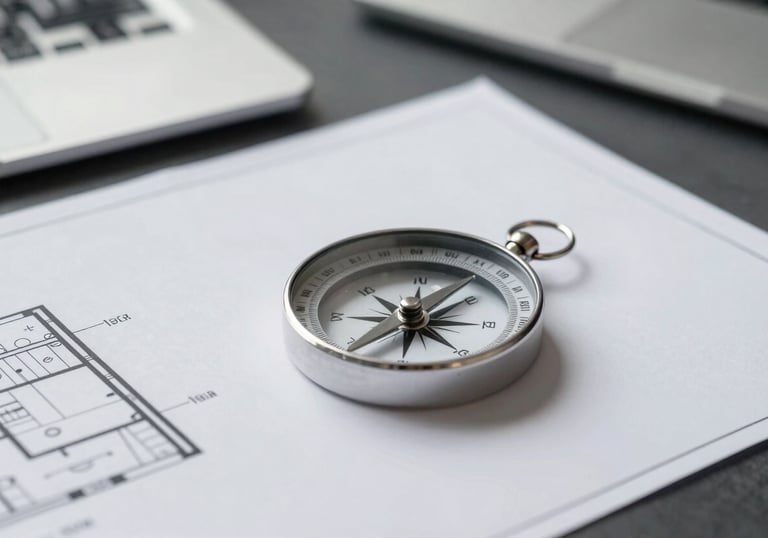 A minimalist metal compass and an architectural blueprint resting on a dark desk, representing strategic direction, clarity, and #1A2E2F palette.