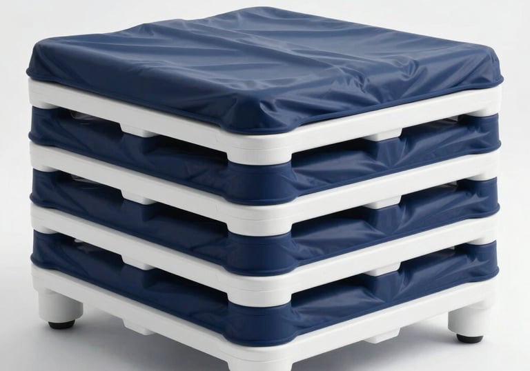 A clean, modern medical supply pallet ready for shipping in a high-key lighting environment, featuring shades of navy and white.