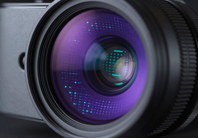An artistic macro photograph of a high-precision optical lens from an augmented reality device, reflecting a complex grid of deep purple and cyan data.