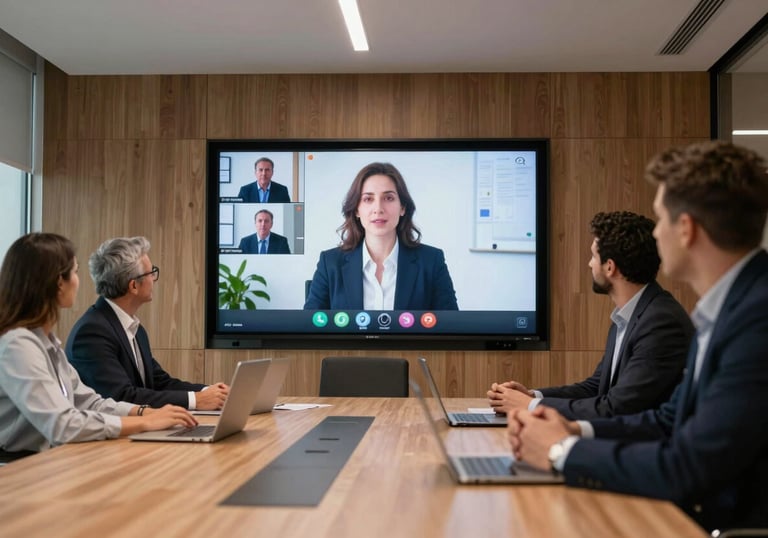 A modern meeting room in a Iberian / Latin American business center where a video presentation with AI is being shown on a screen.