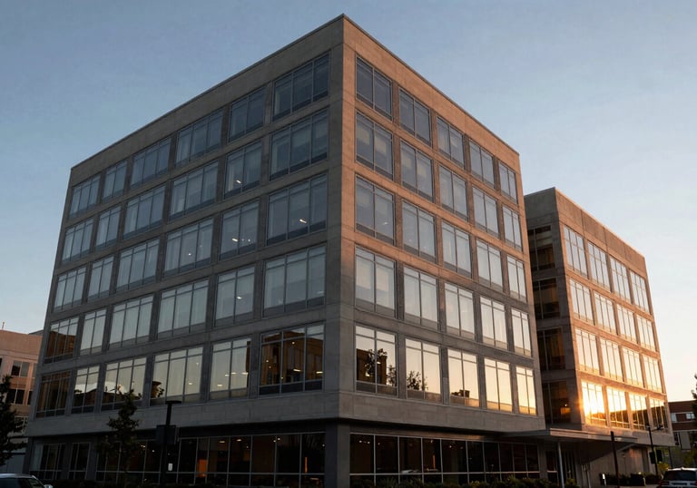 A wide-angle view of a modern office building exterior in Spokane, Washington, reflecting the light of a sunset on its windows, conveying professionalism.