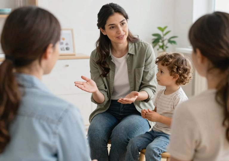 A smiling mother consulting with a childcare professional in a bright room.